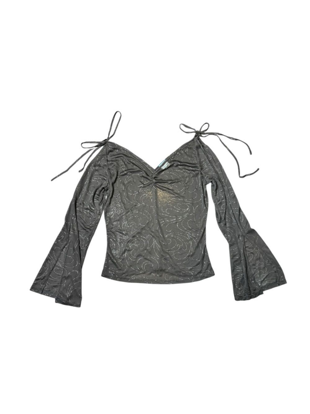 Y2K Agaci Black Sparkle Sheer Off-Shoulder Flare Sleeve Top Size Medium